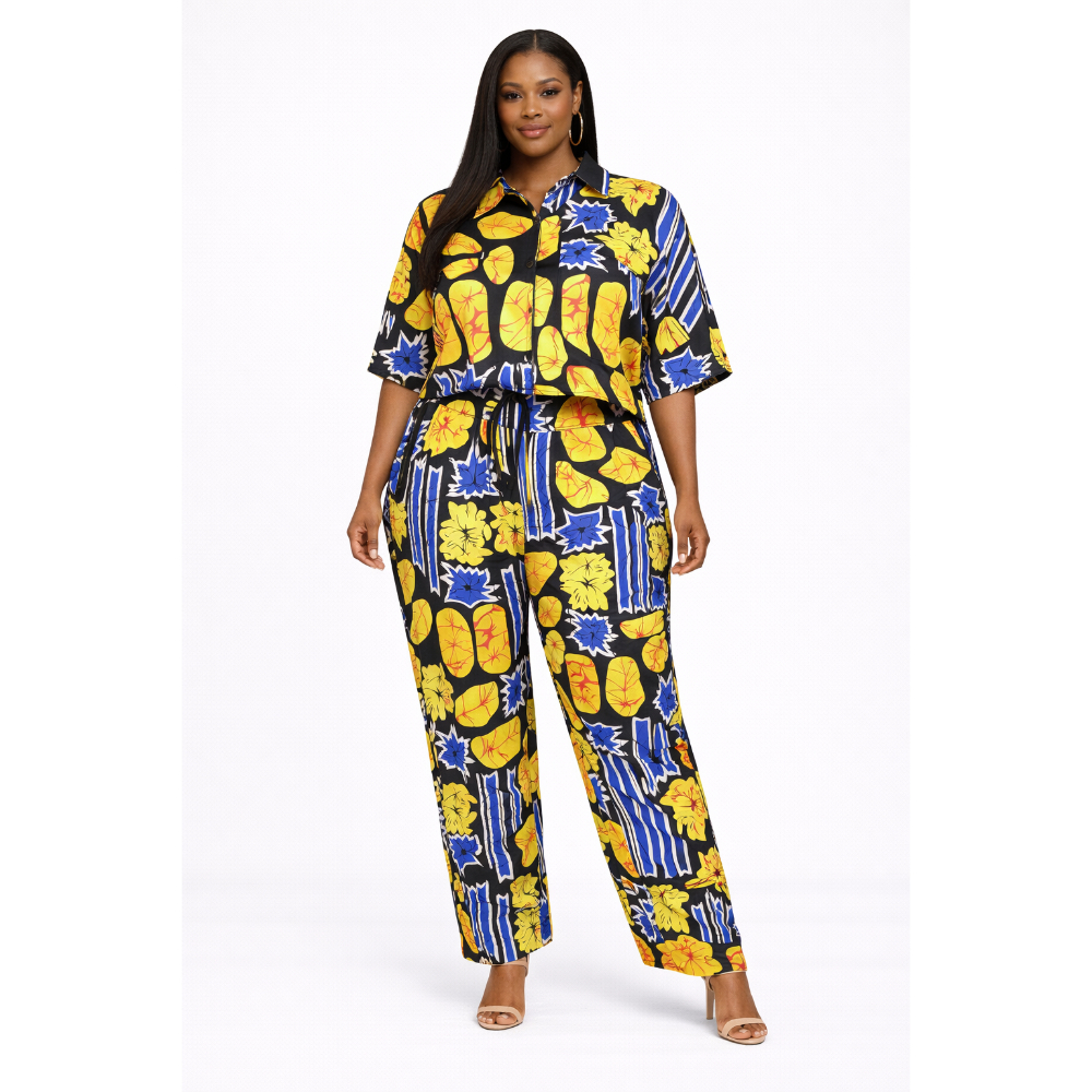 Quality Women Yellow Floral Wide Leg Two Piece Set